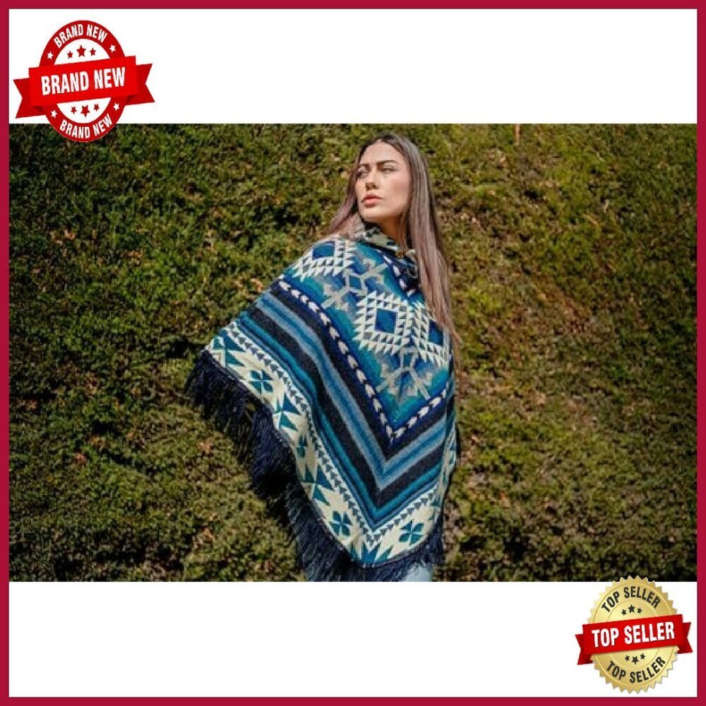 Alpaca Wool Poncho with Hood, Geometric Design, Machine Washable - Picture 5 of 7